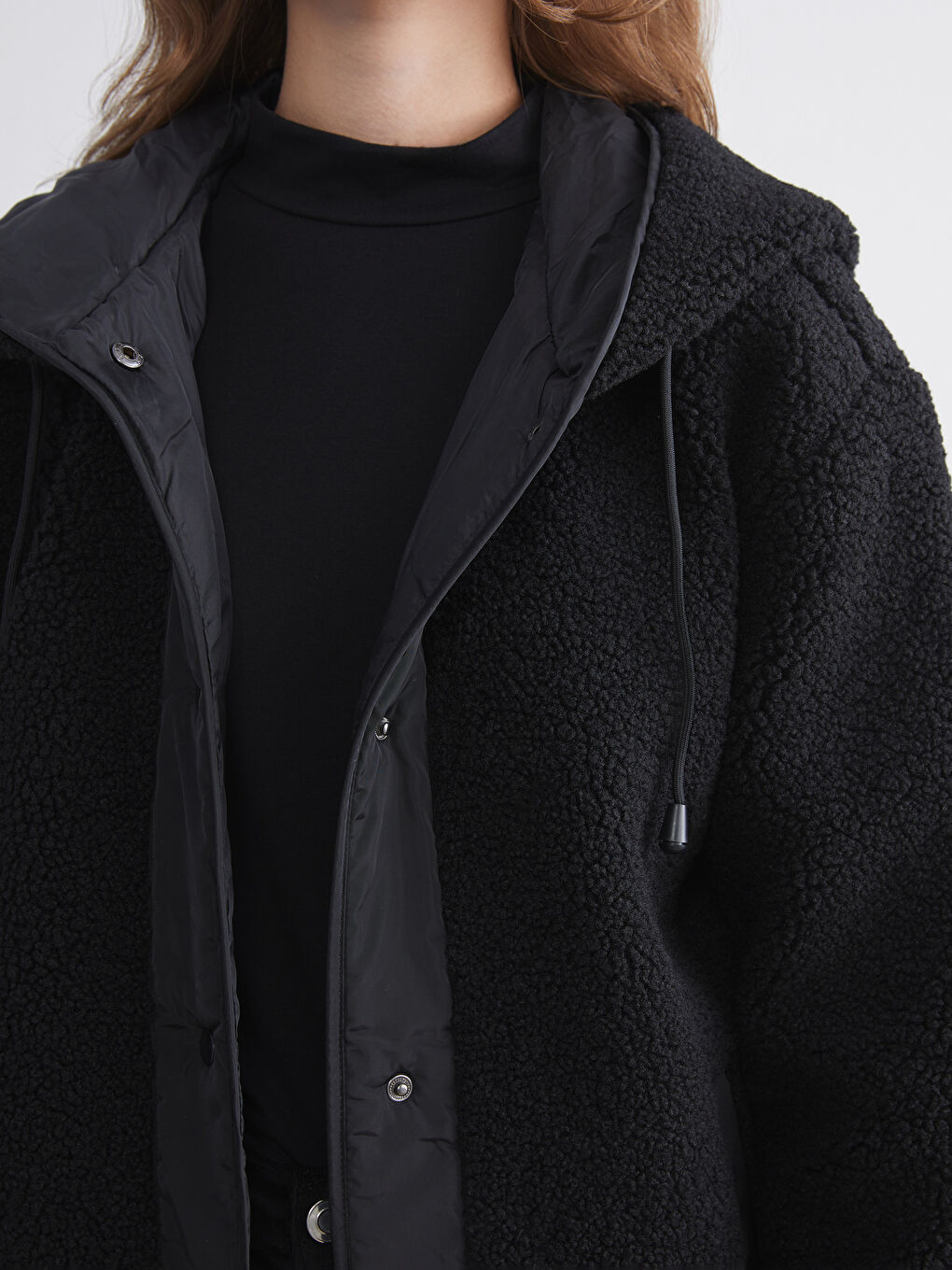 Siyah Kapüşonlu Oversize Kadın Teddy Kaban-2