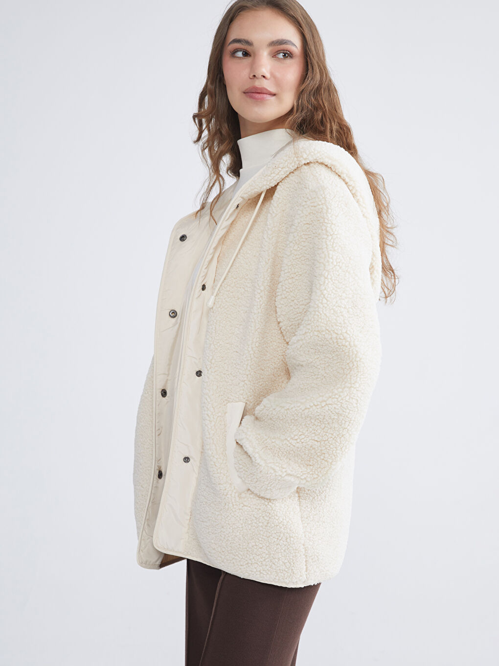 Bej Kapüşonlu Oversize Kadın Teddy Kaban