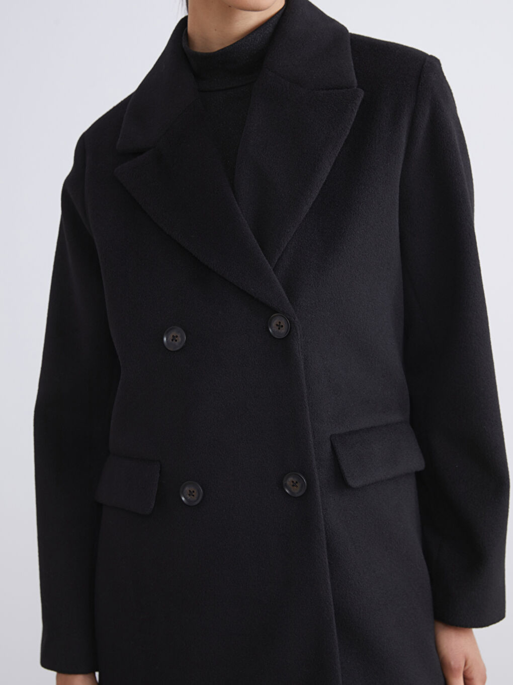 Siyah Ceket Yaka Kadın Kaşe Kaban-6