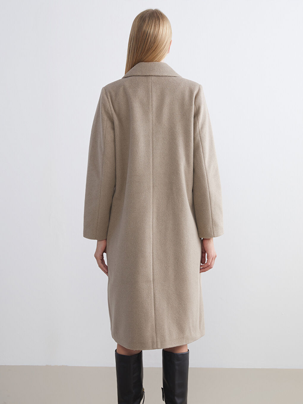 Bej Ceket Yaka Kadın Kaşe Kaban-8