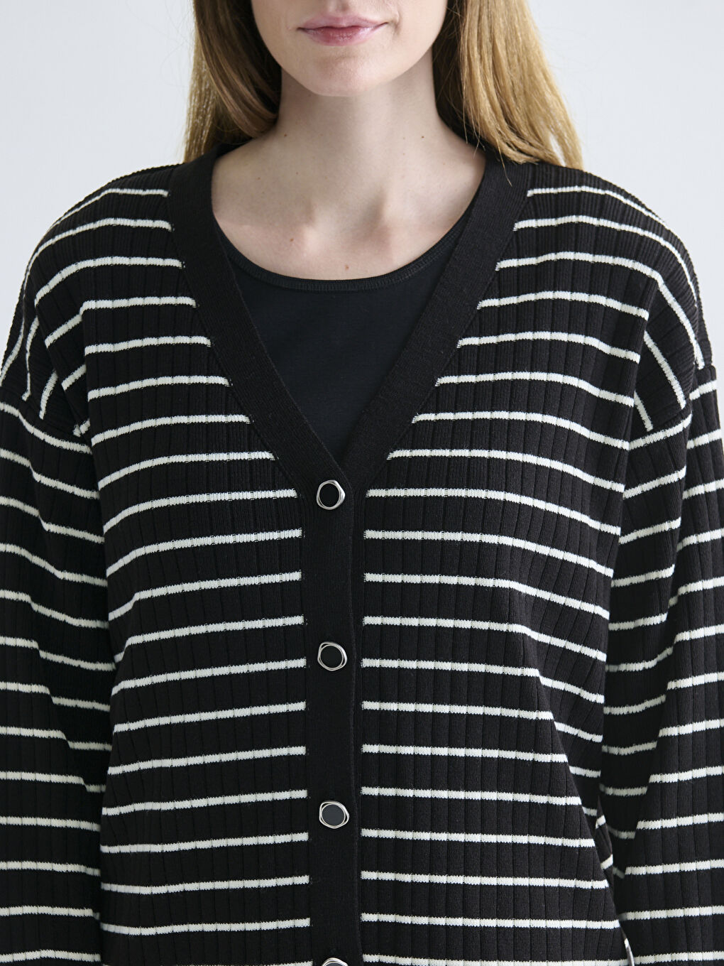 V Neck Striped Women's Knitwear Cardigan-2
