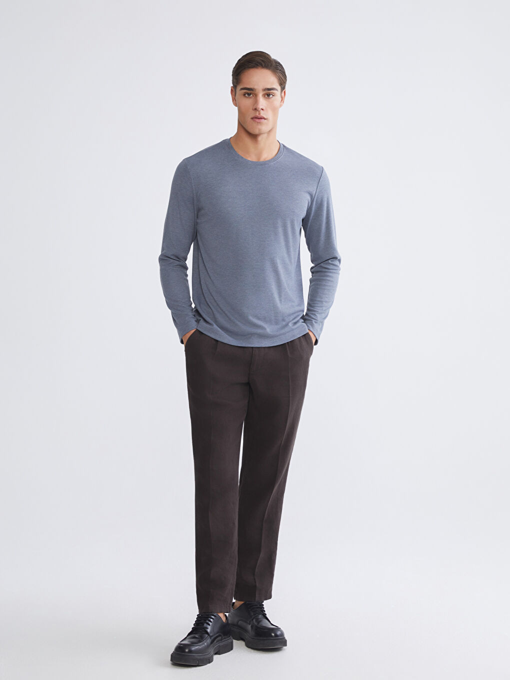 Gri Bisiklet Yaka Uzun Kollu Erkek Tişört-1