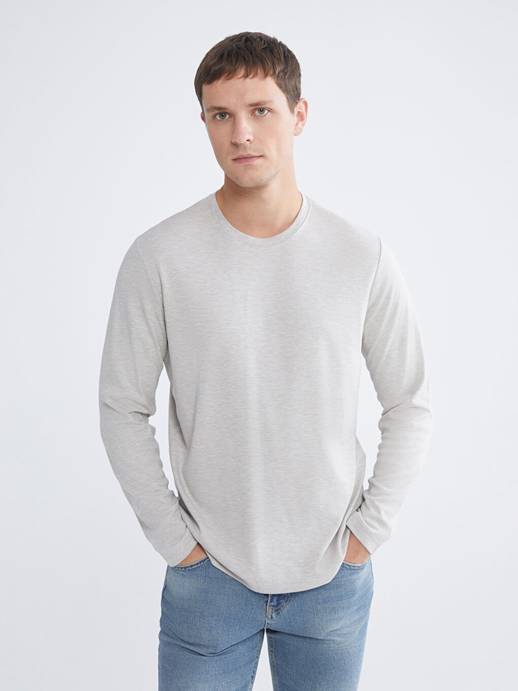 Bej Bisiklet Yaka Uzun Kollu Erkek Tişört