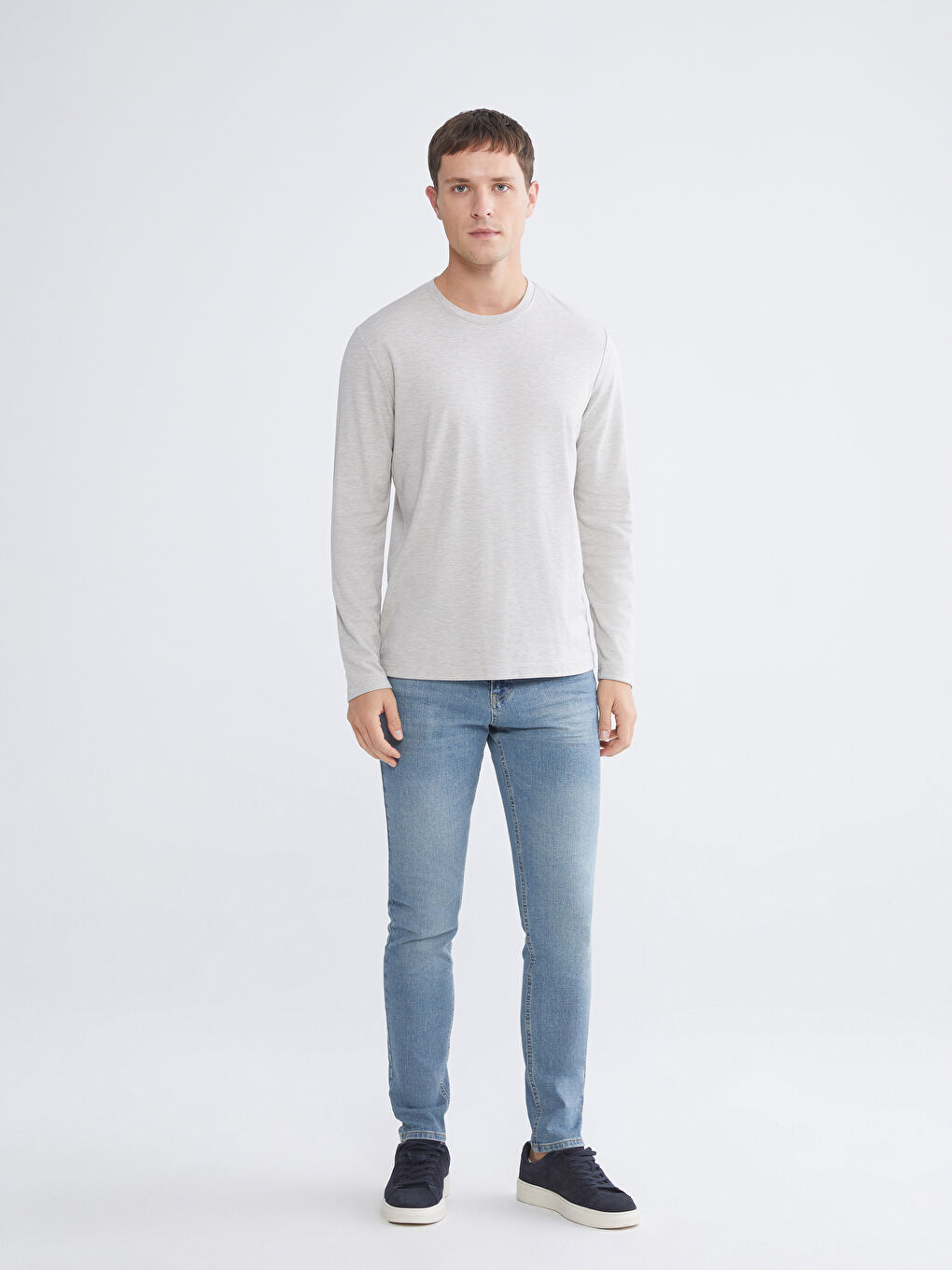 Bej Bisiklet Yaka Uzun Kollu Erkek Tişört-1