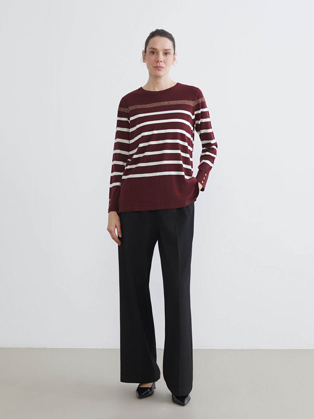 Bordo Bisiklet Yaka Çizgili Kadın Triko Kazak-1