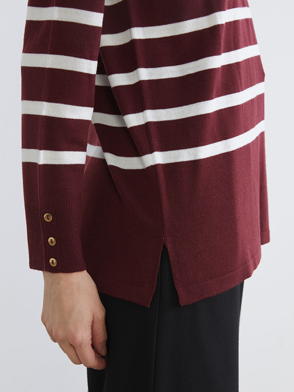 Bordo Bisiklet Yaka Çizgili Kadın Triko Kazak-2