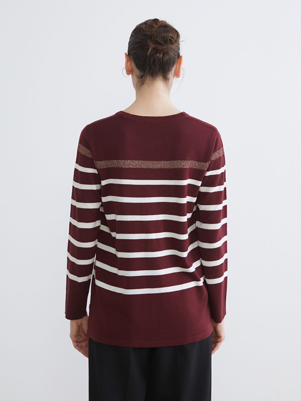 Bordo Bisiklet Yaka Çizgili Kadın Triko Kazak-3