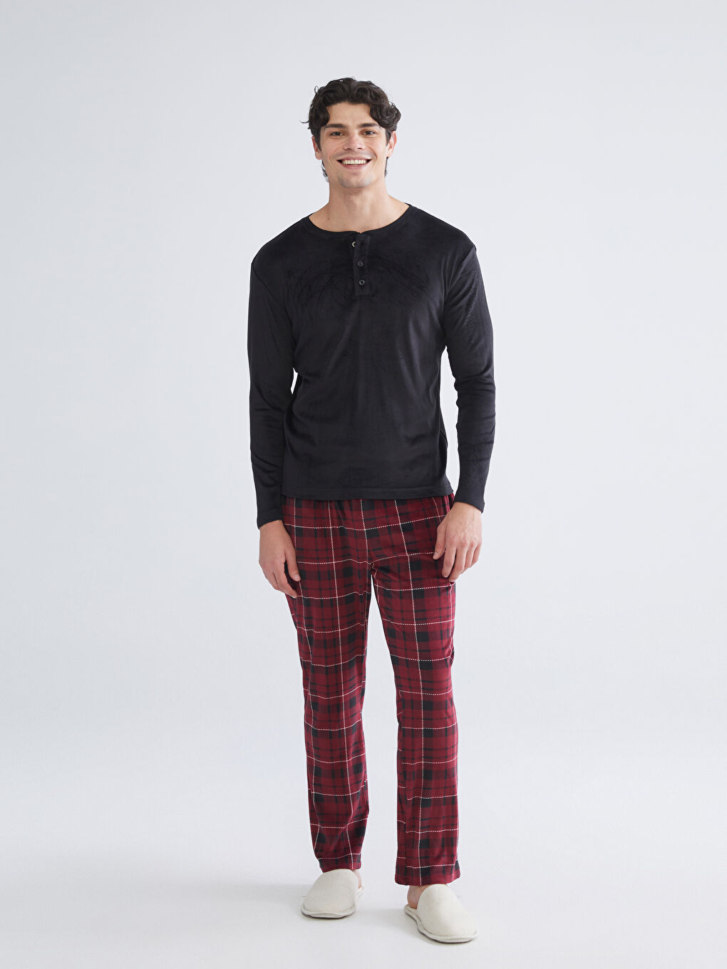 Bordo Standart Kalıp Ekose Polar Erkek Pijama Takımı