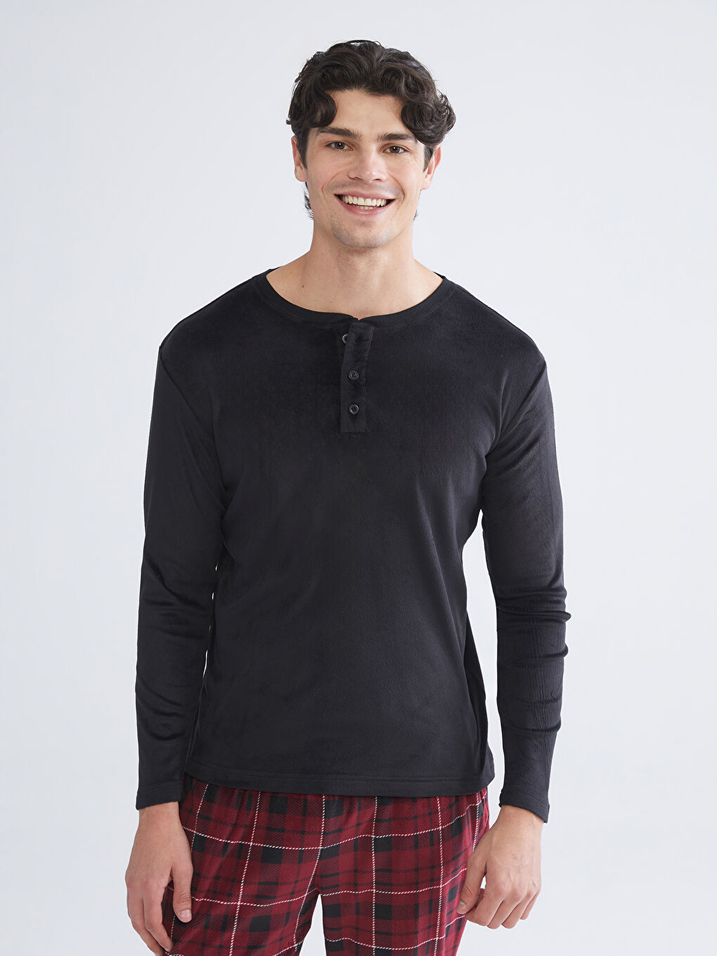 Bordo Standart Kalıp Ekose Polar Erkek Pijama Takımı-1