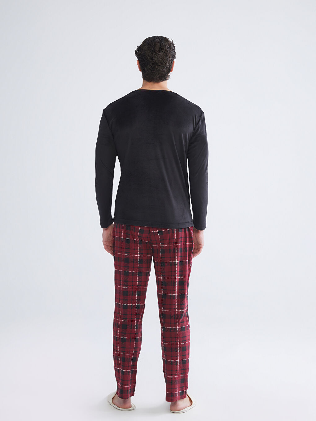 Bordo Standart Kalıp Ekose Polar Erkek Pijama Takımı-3