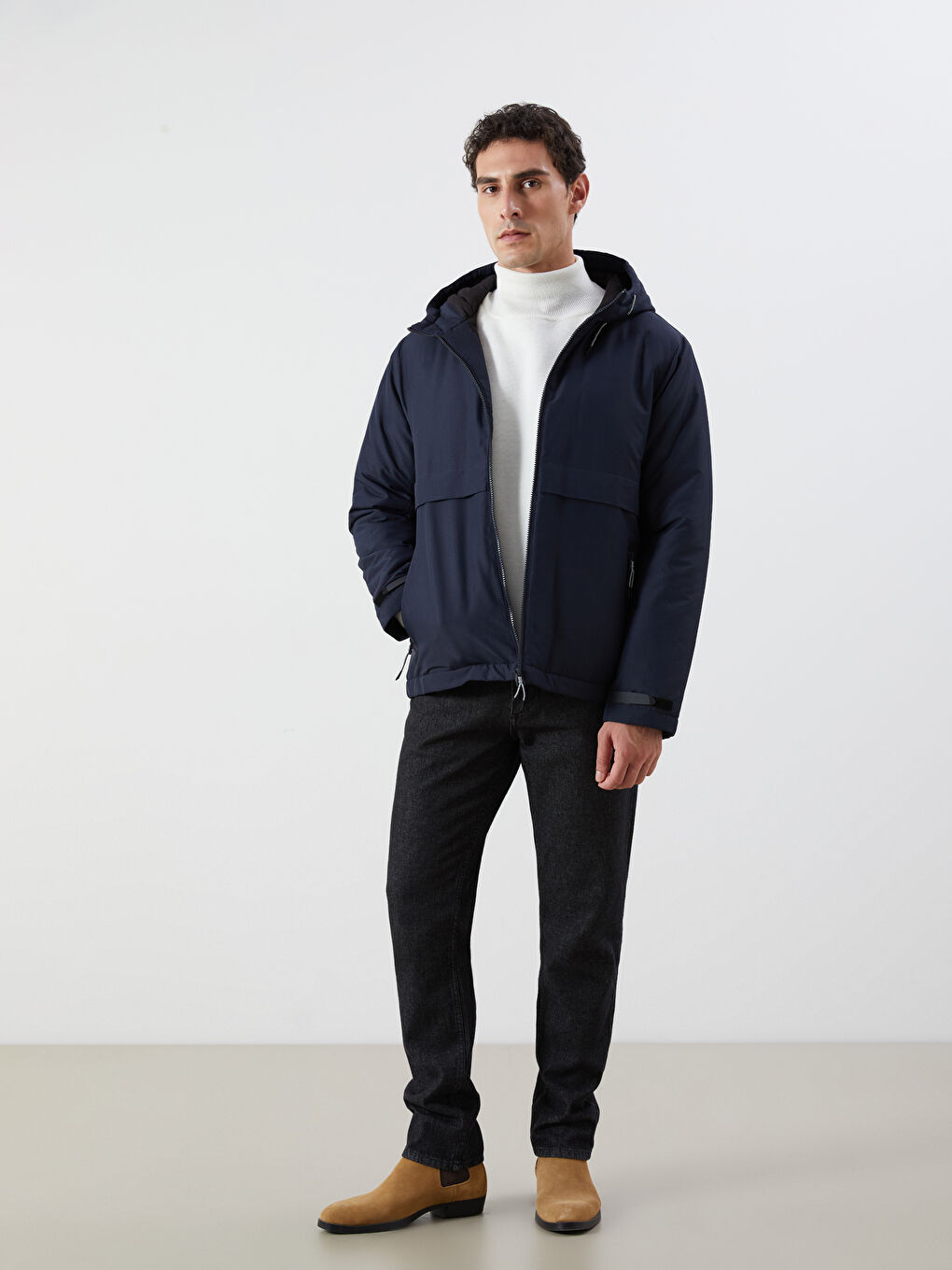 Lacivert Standart Kalıp Kapüşonlu Erkek Mont-1