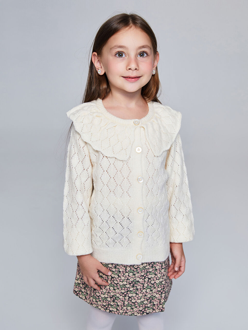 Cardigan en Tricot Ajouré à Col Rond pour Filles