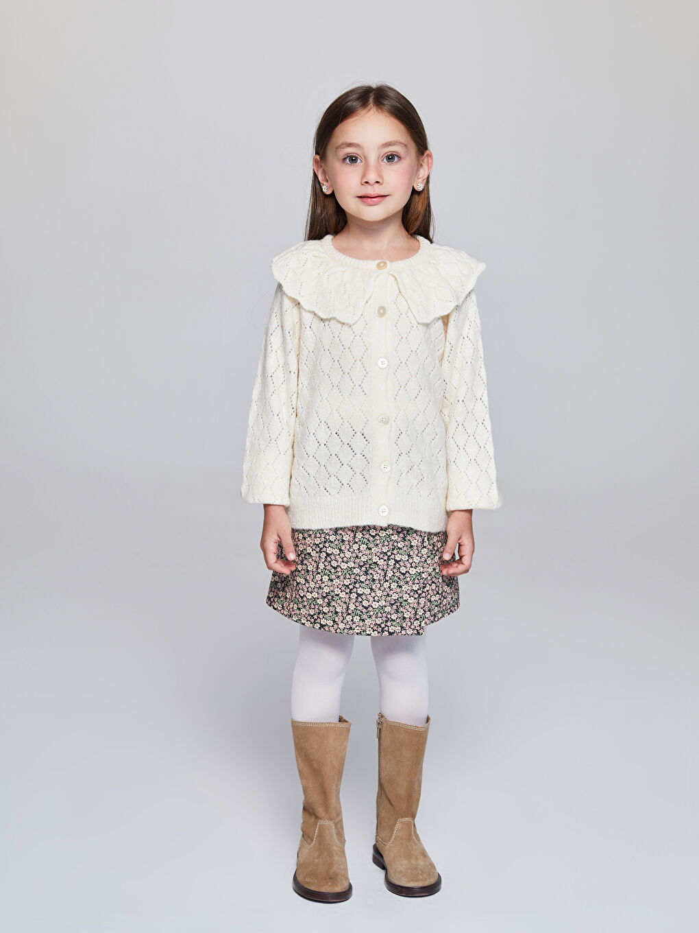 Cardigan en Tricot Ajouré à Col Rond pour Filles-1