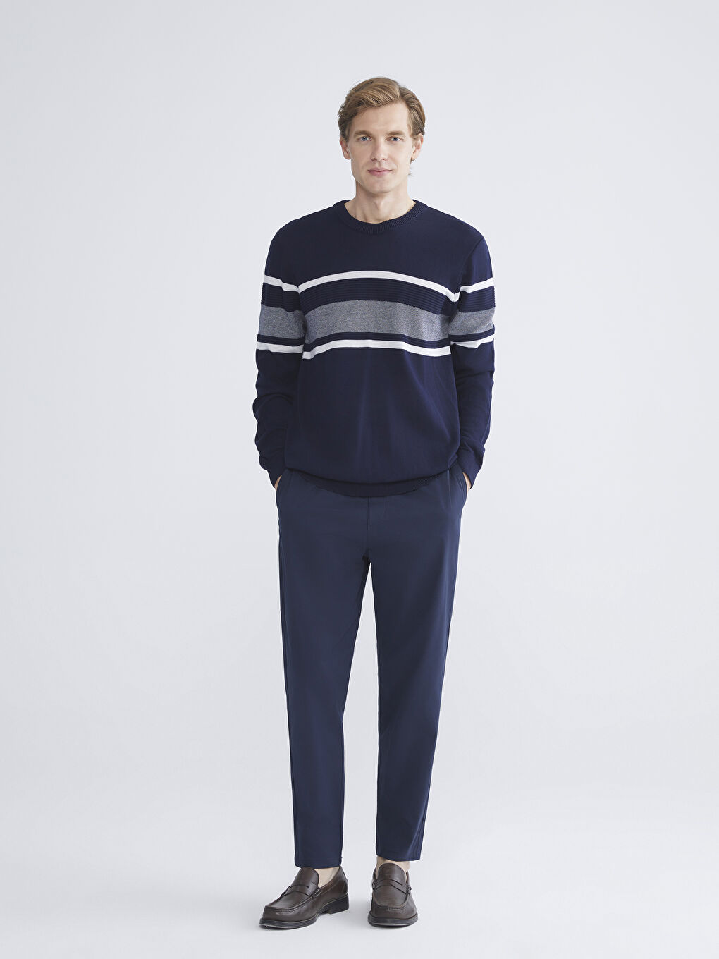 Crew Neck Long Sleeve Striped Men's Knitwear Sweater-2