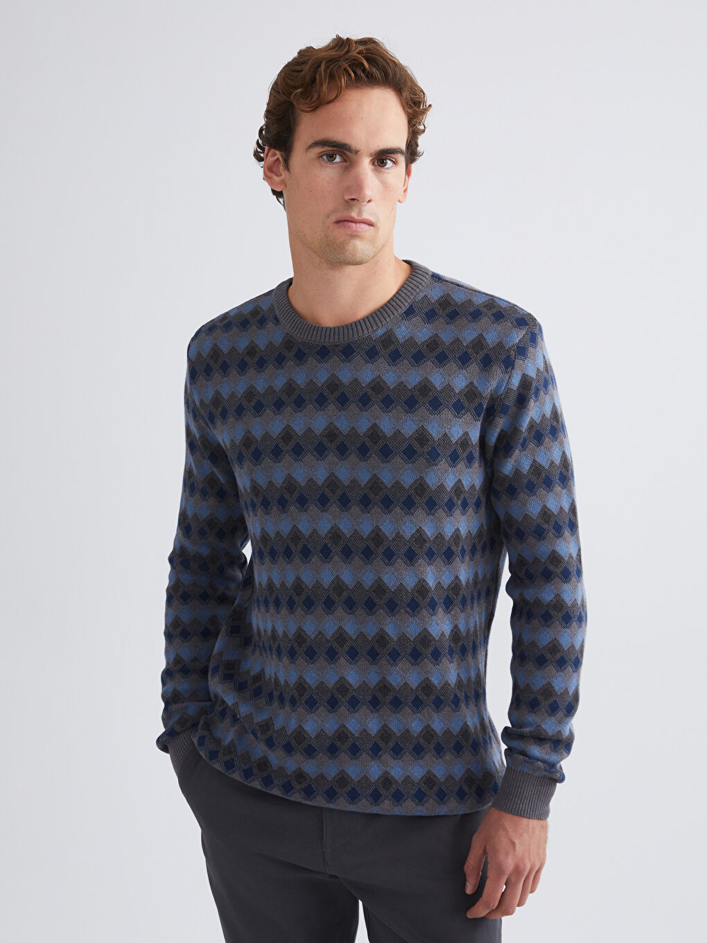 Crew Neck Long Sleeve Patterned Men's Knitwear Sweater-1