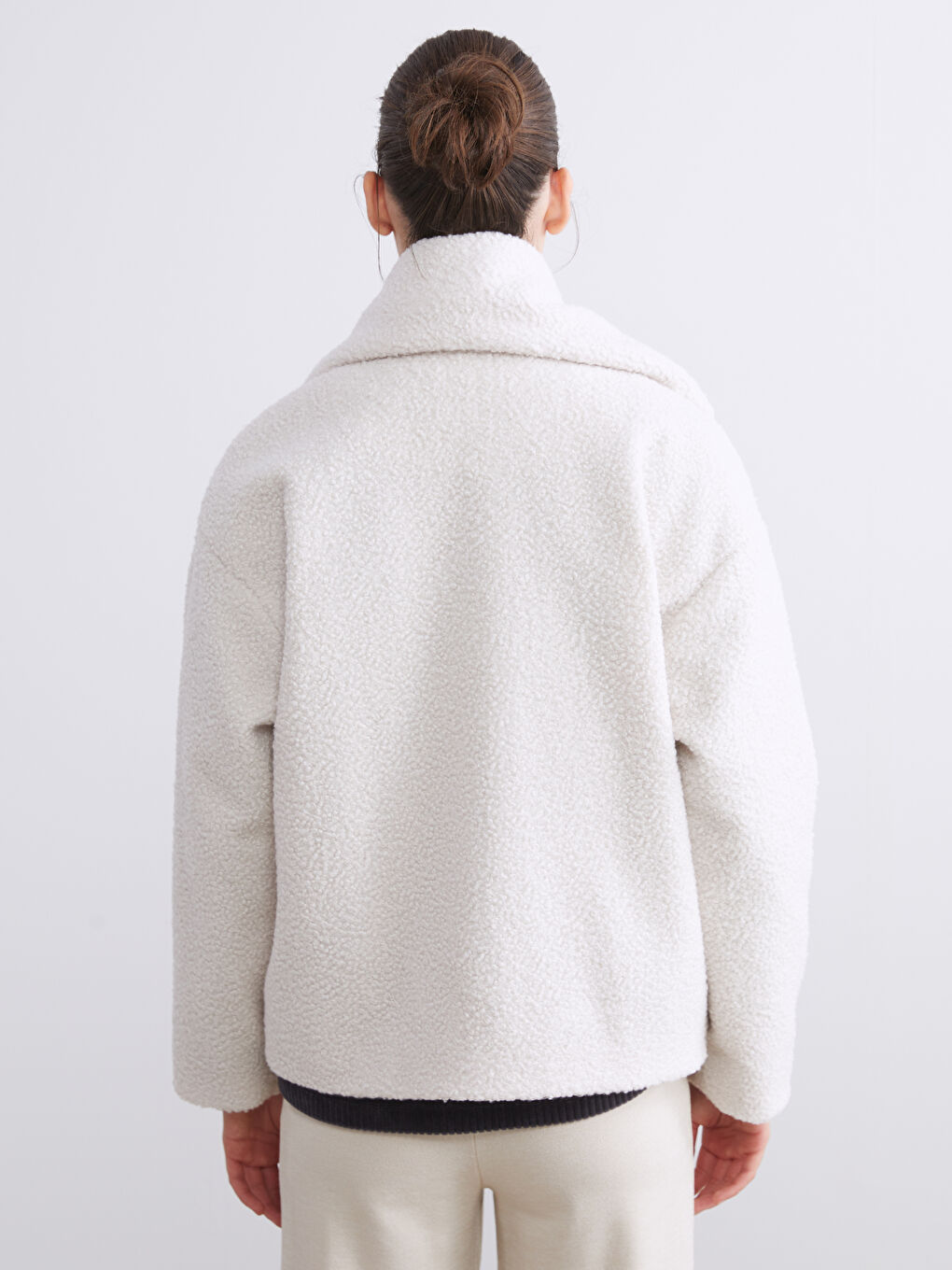 Ekru Bisiklet Yaka Atkılı Kadın Kaşe Kaban-9