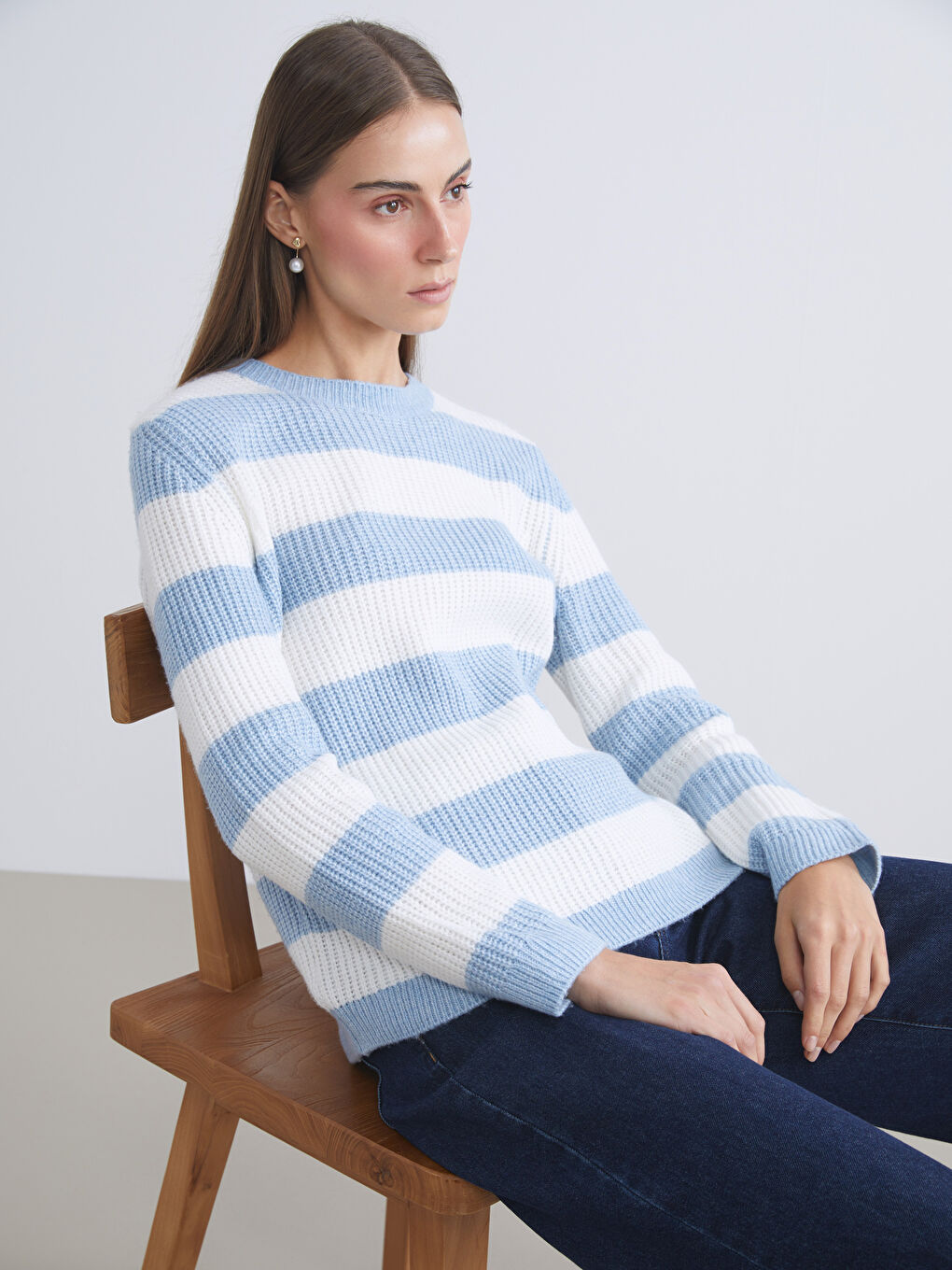 Crew Neck Striped Women's Knitwear Sweater