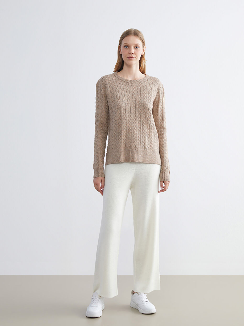 Crew Neck Self-Patterned Women's Knitwear Sweater-1