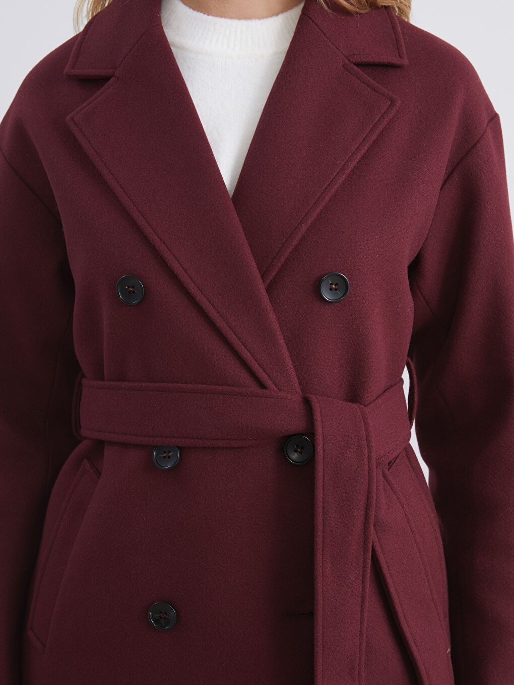 Bordo Kruvaze Yaka Kadın Kaşe Kaban-4