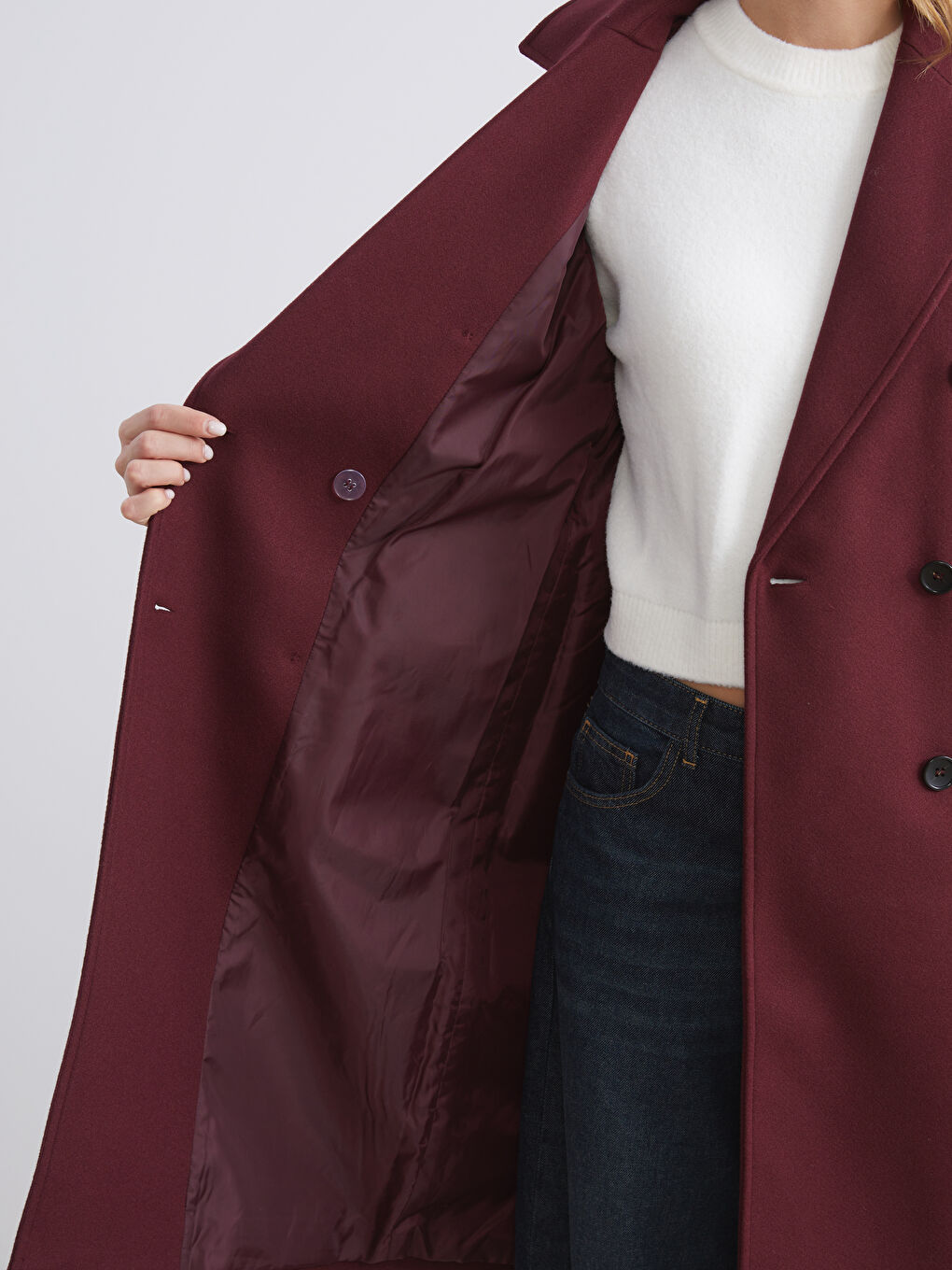 Bordo Kruvaze Yaka Kadın Kaşe Kaban-5