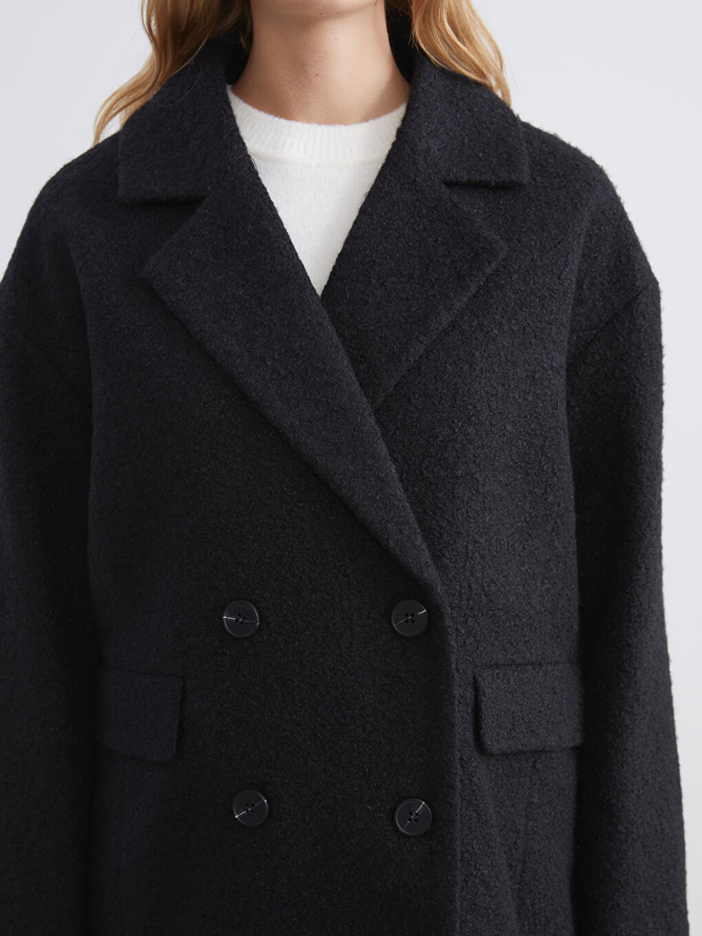 Siyah Kruvaze Yaka Oversize Kadın Kaşe Kaban-2