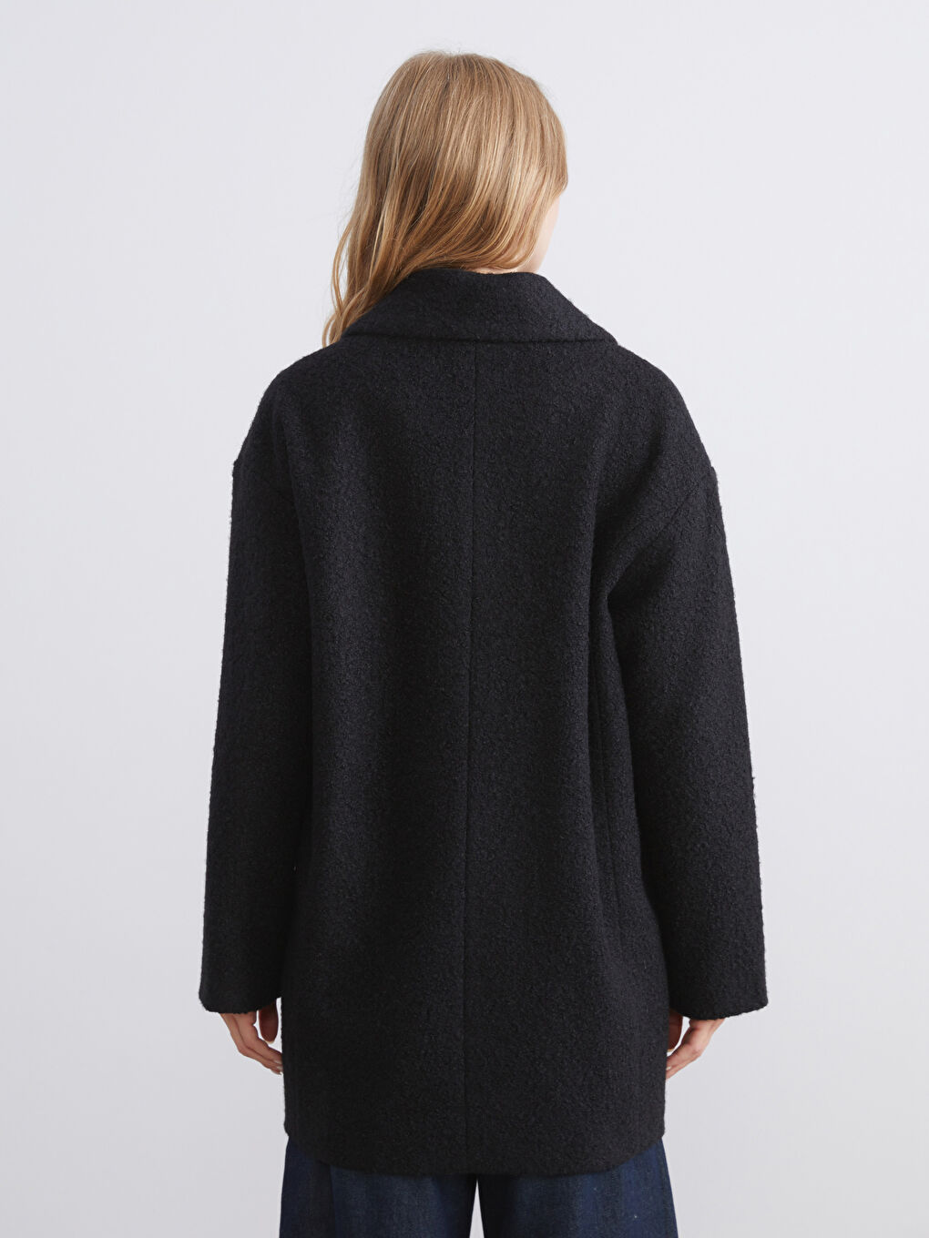 Siyah Kruvaze Yaka Oversize Kadın Kaşe Kaban-4