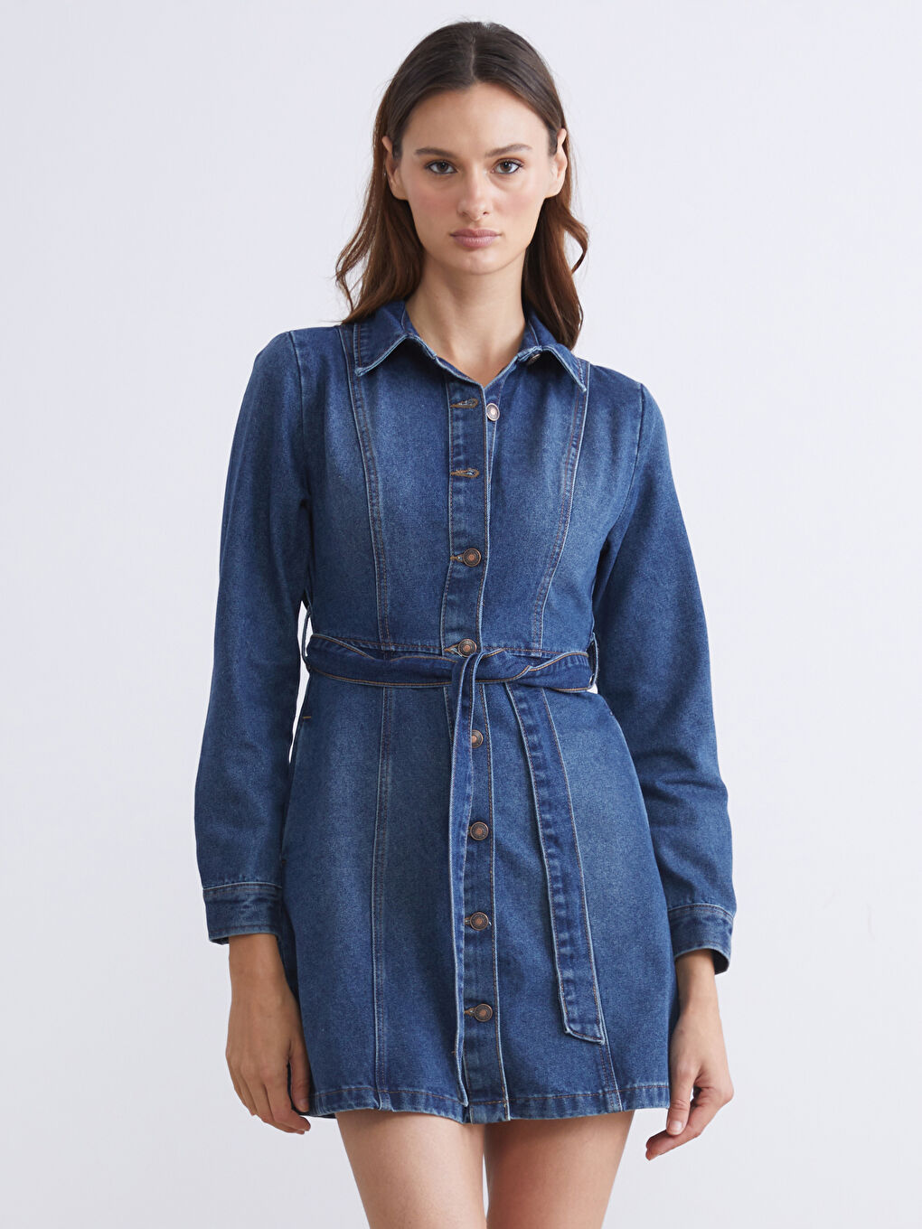 LCW Vision Collared Neck Mini Denim Dress -W5BC76Z8-309