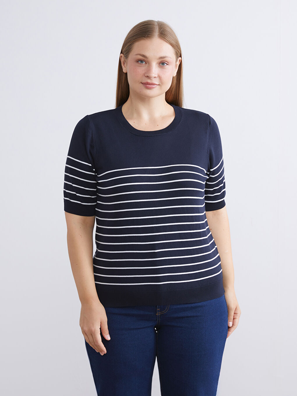 Lacivert Bisiklet Yaka Çizgili Kadın Triko Kazak-1