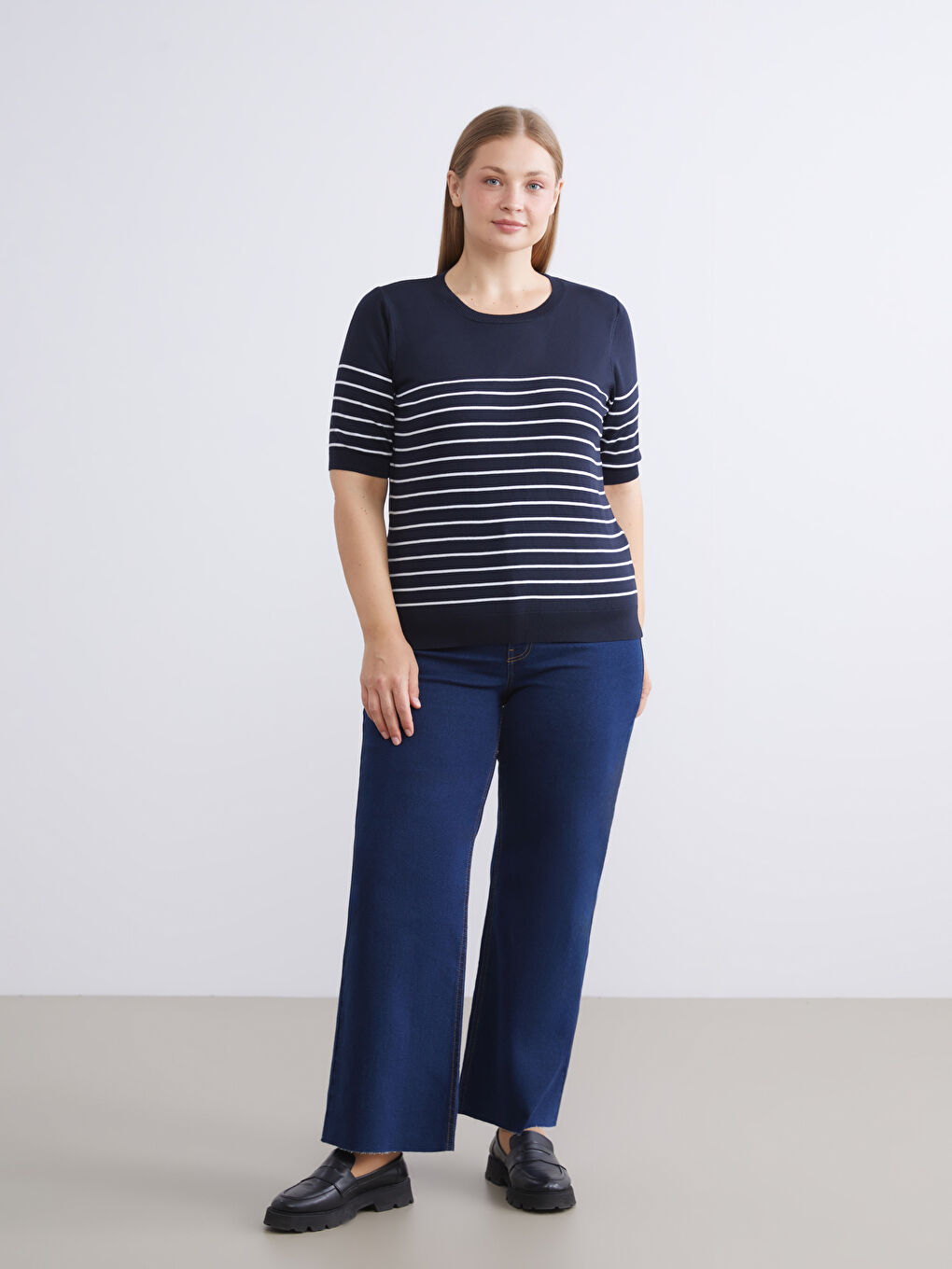 Lacivert Bisiklet Yaka Çizgili Kadın Triko Kazak-5