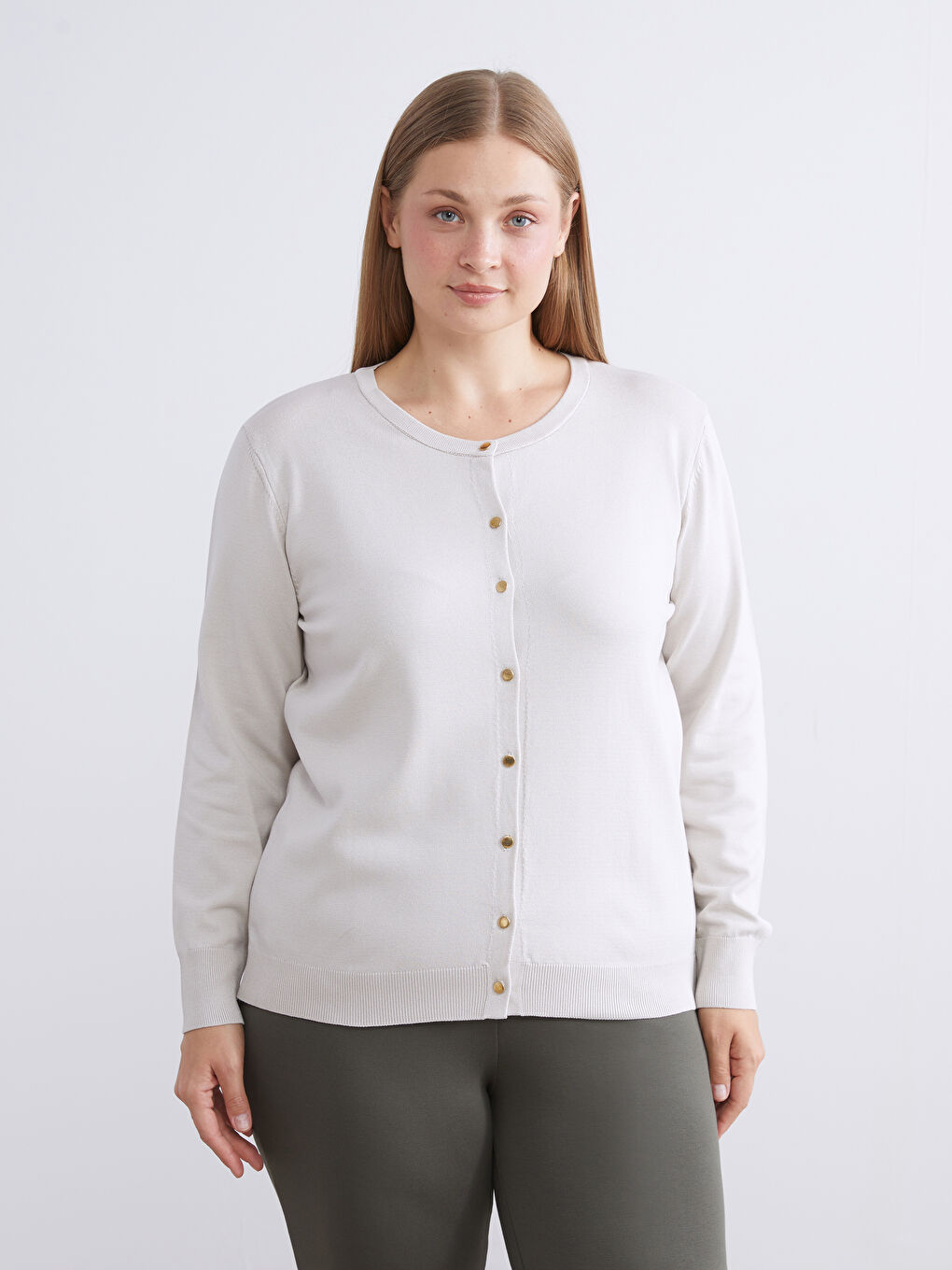 Bej Bisiklet Yaka Kadın Triko Hırka-1