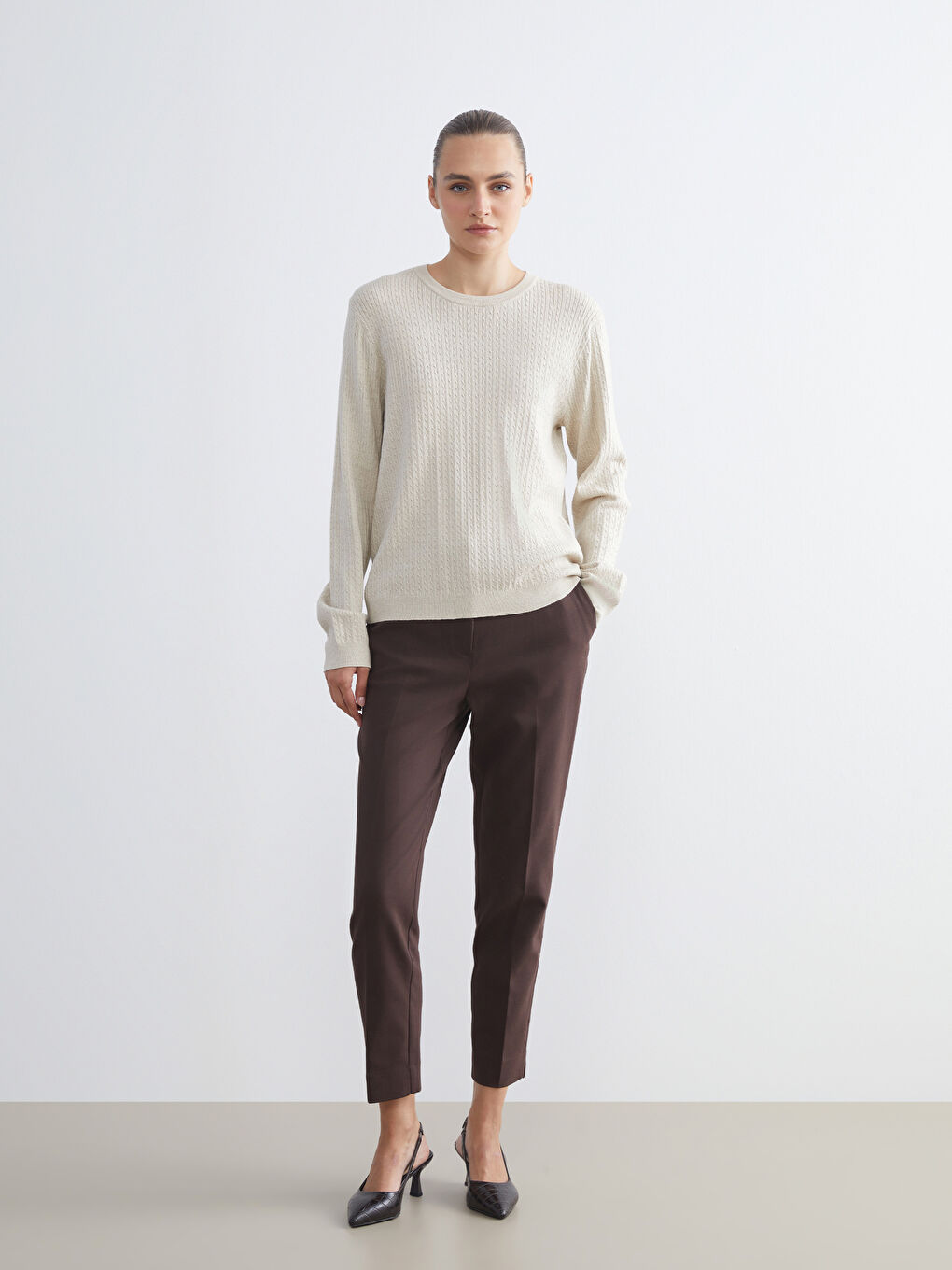 Crew Neck Self-Patterned Women's Knitwear Sweater-1