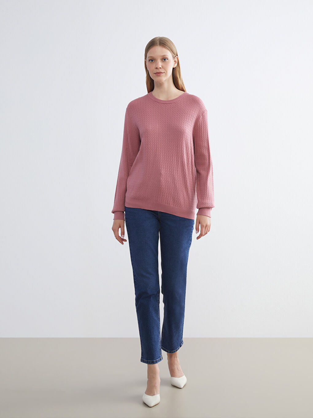 Crew Neck Self-Patterned Women's Knitwear Sweater-1