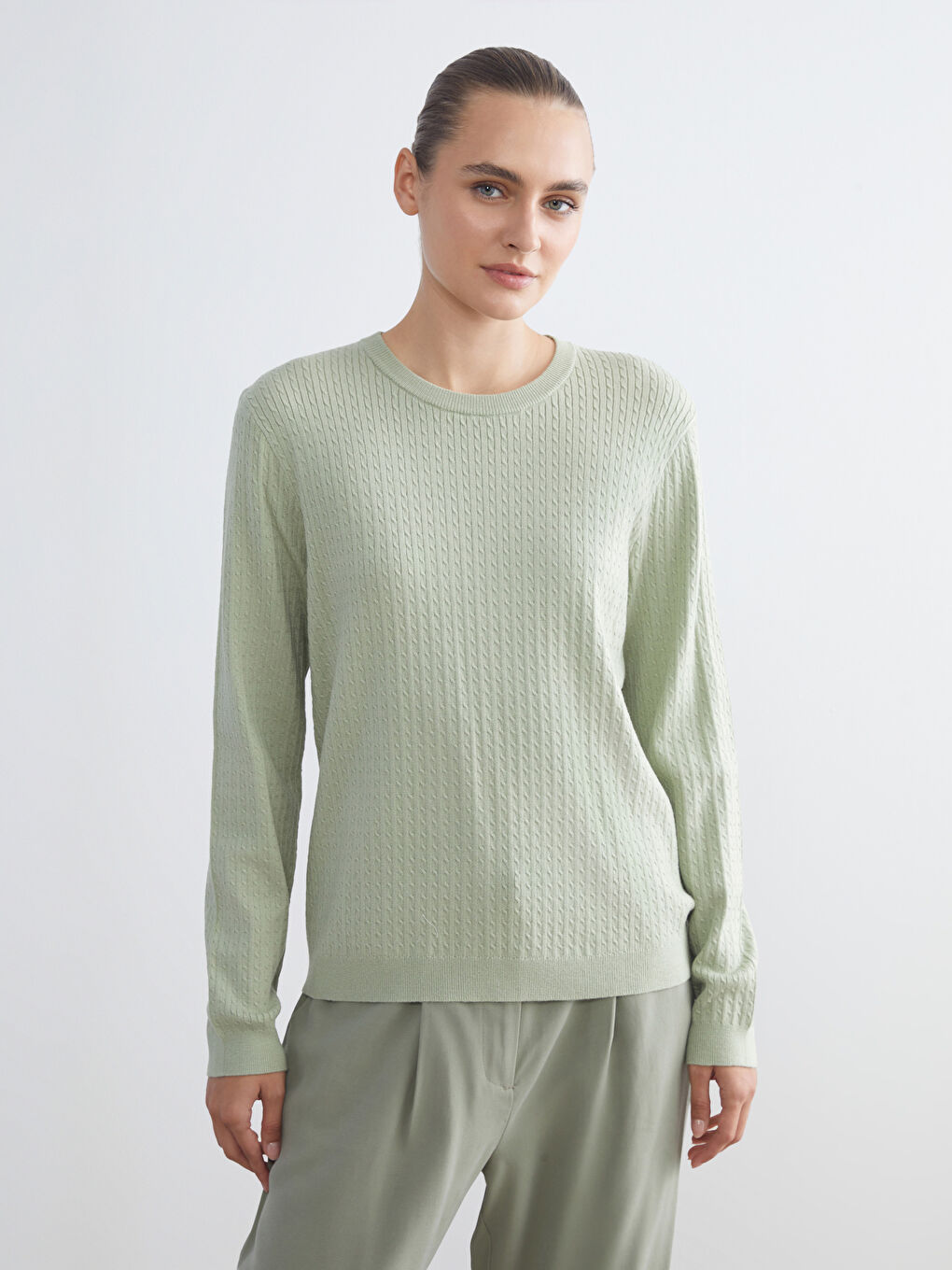 Crew Neck Self-Patterned Women's Knitwear Sweater-1