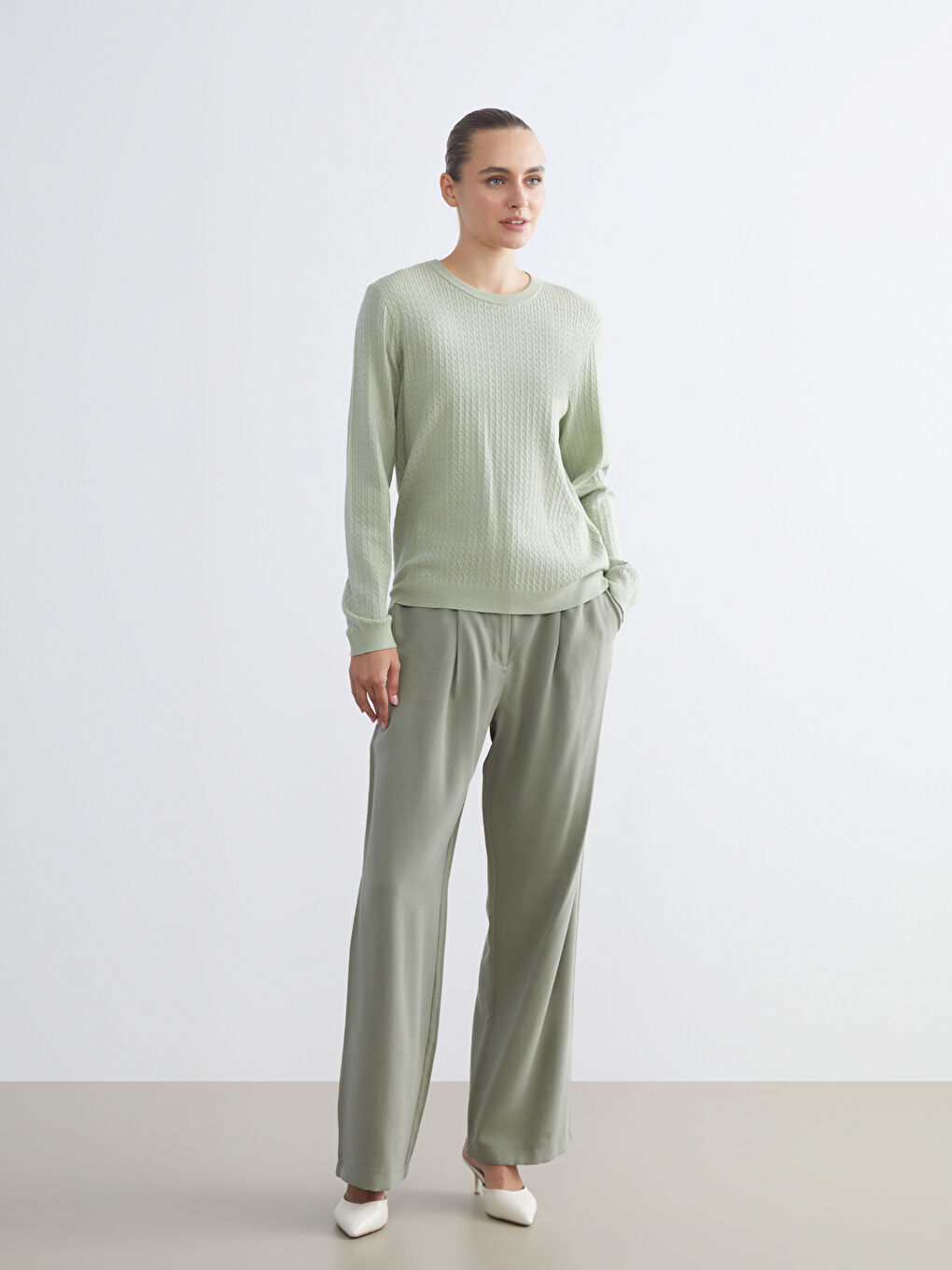 Crew Neck Self-Patterned Women's Knitwear Sweater-2