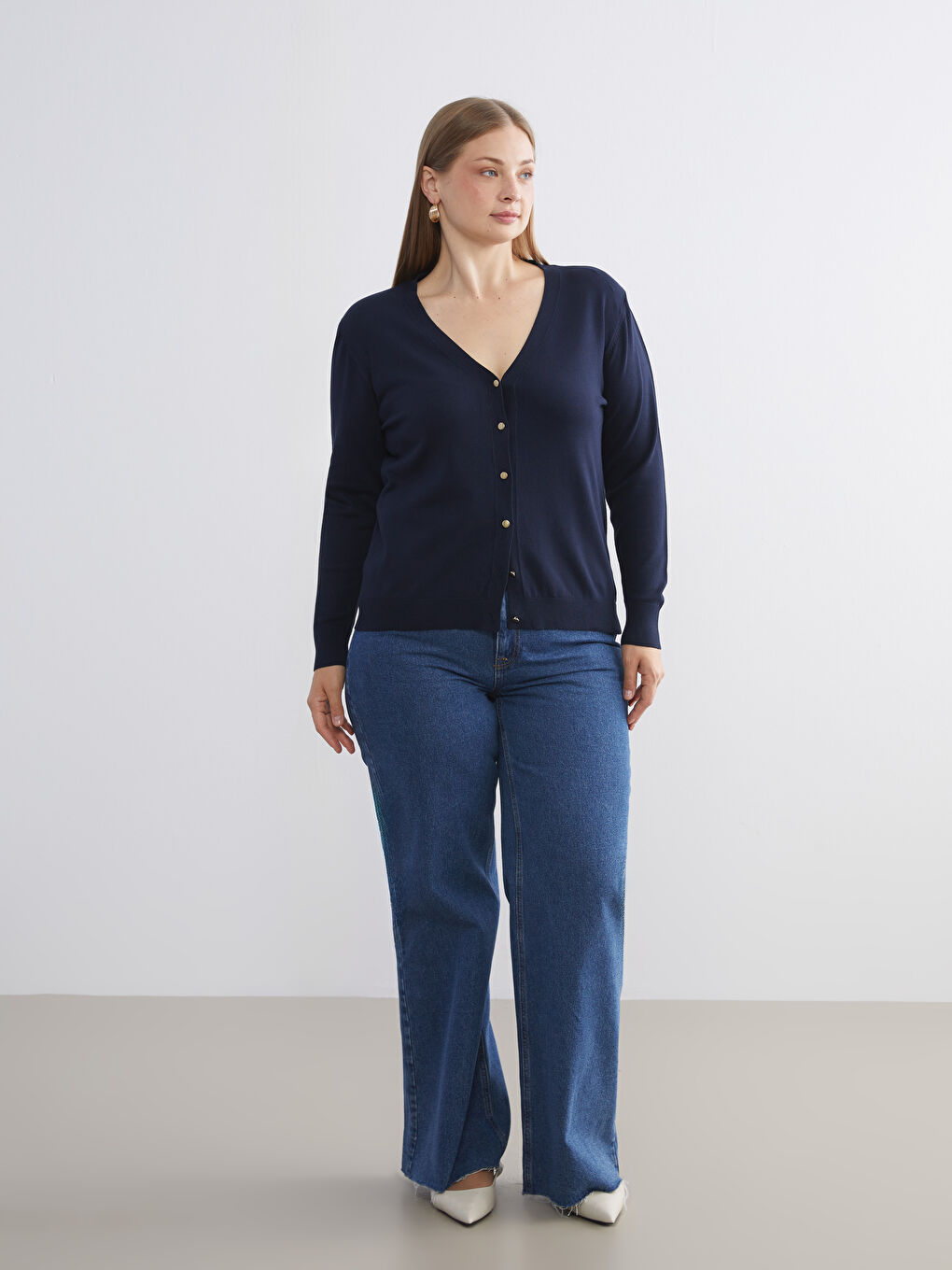 Lacivert V Yaka Kadın Triko Hırka-1