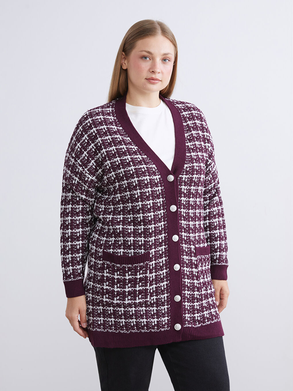 V Neck Patterned Women's Knitwear Cardigan-1