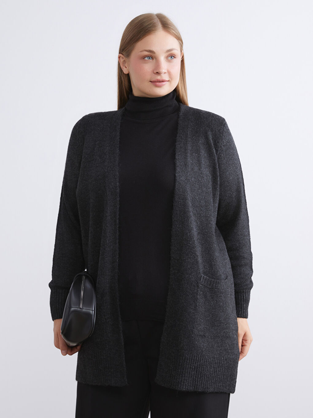 Antrasit Şal Yaka Kadın Triko Hırka-1