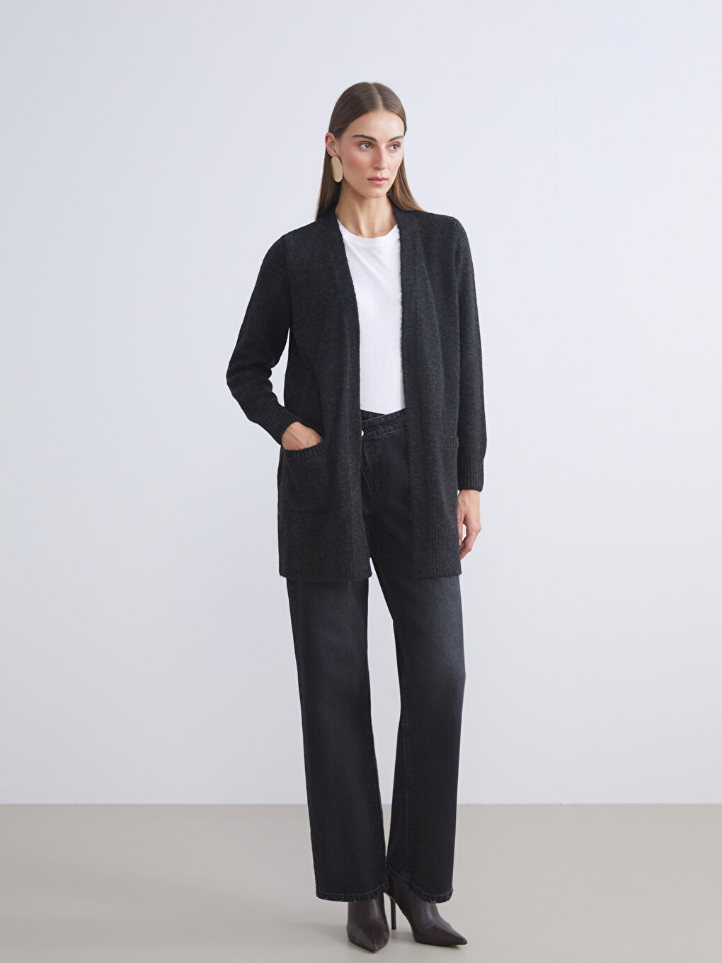 Antrasit Şal Yaka Kadın Triko Hırka-3