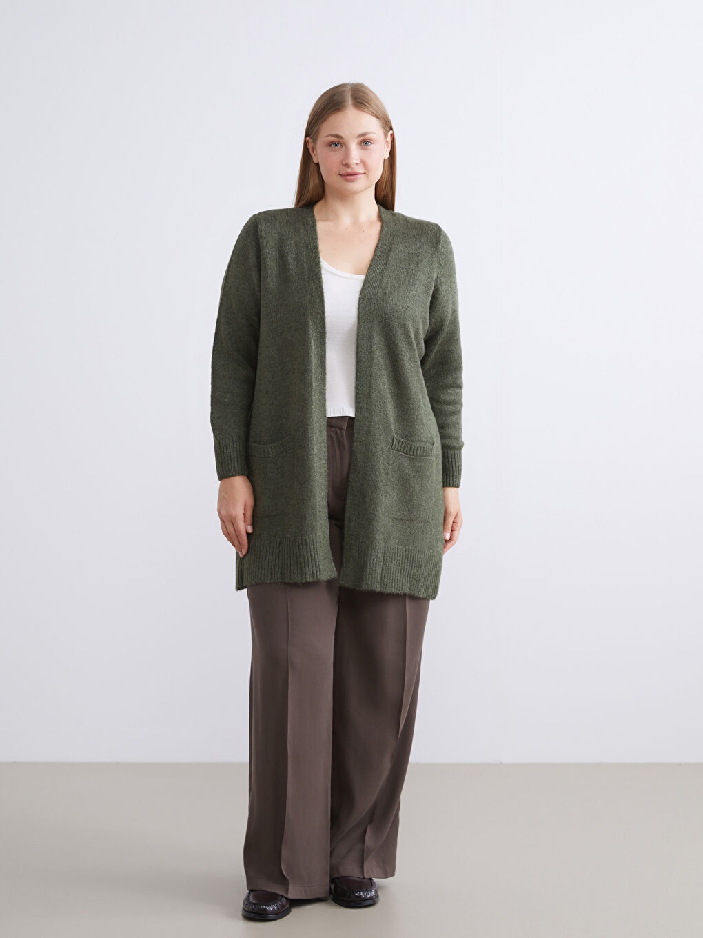 Haki Şal Yaka Kadın Triko Hırka-7