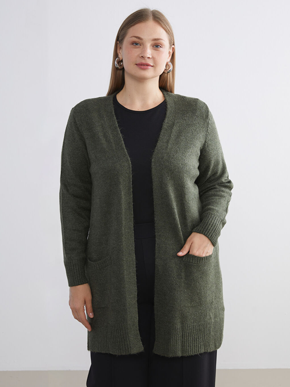 Haki Şal Yaka Kadın Triko Hırka-1