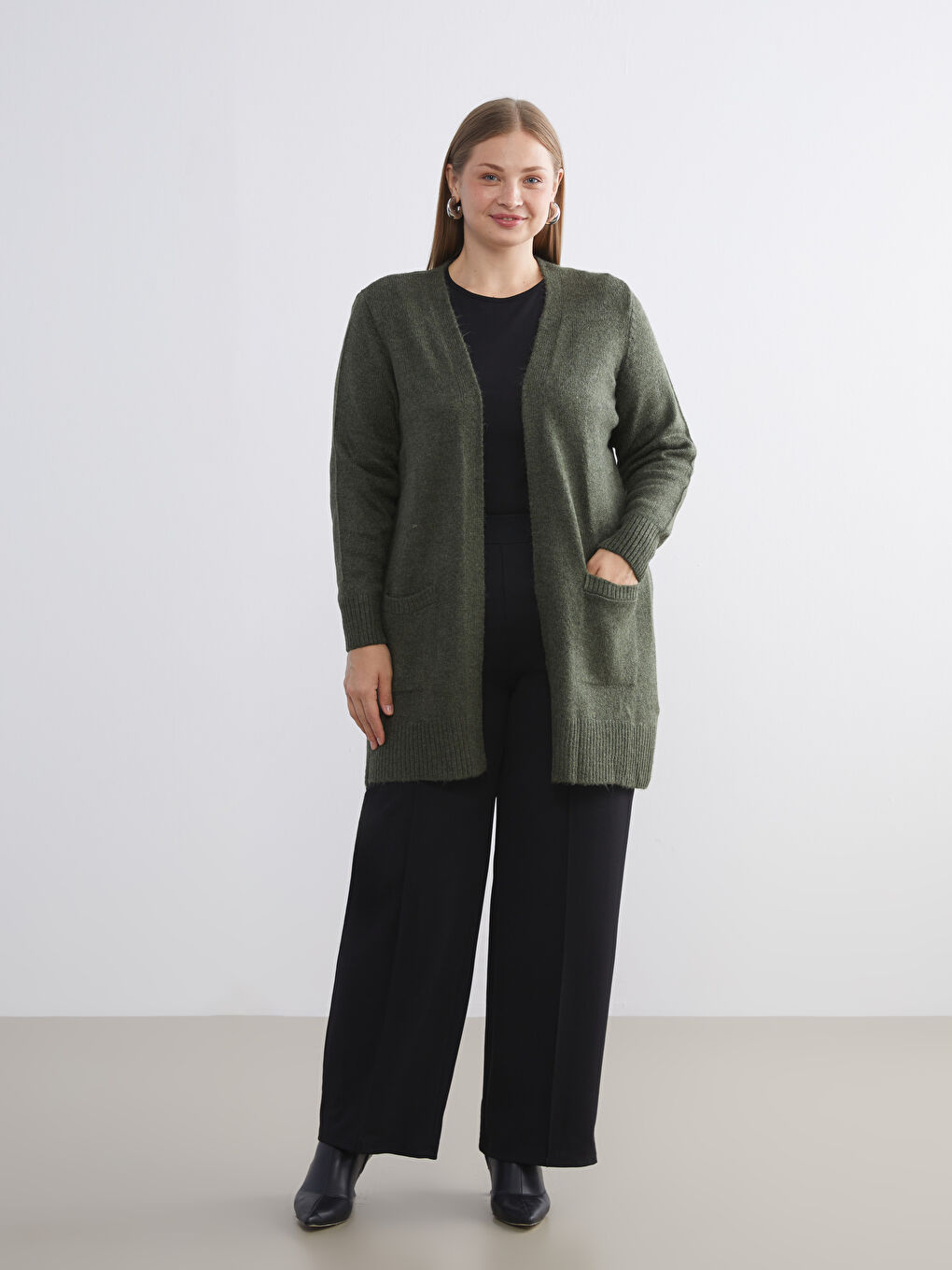 Haki Şal Yaka Kadın Triko Hırka-4