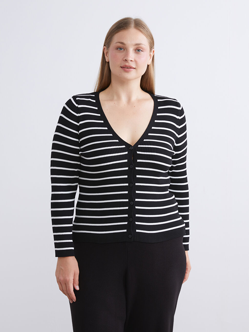 V Neck Striped Women's Knitwear Cardigan-1