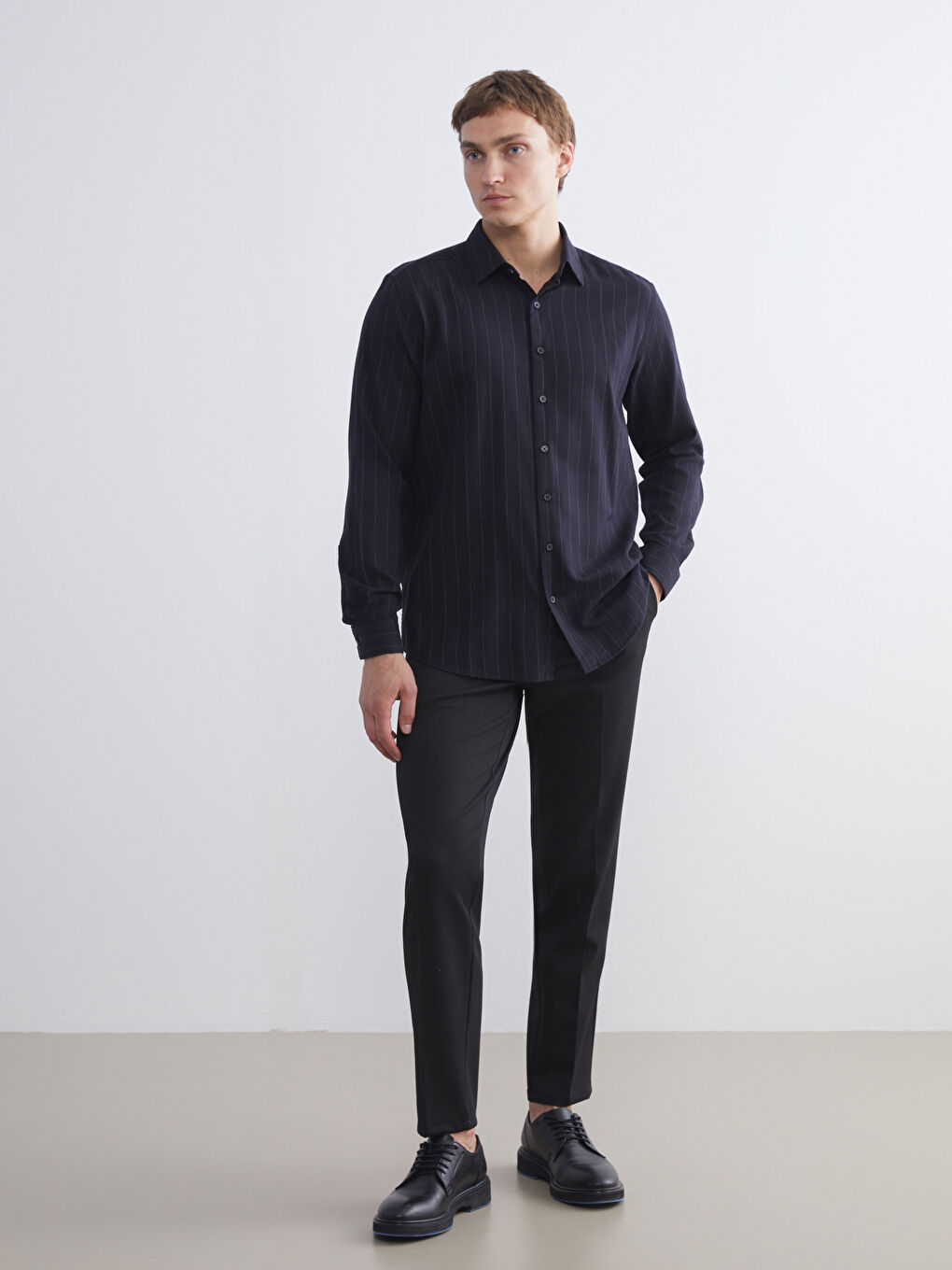Slim Fit Long Sleeve Striped Twill Men's Shirt-1