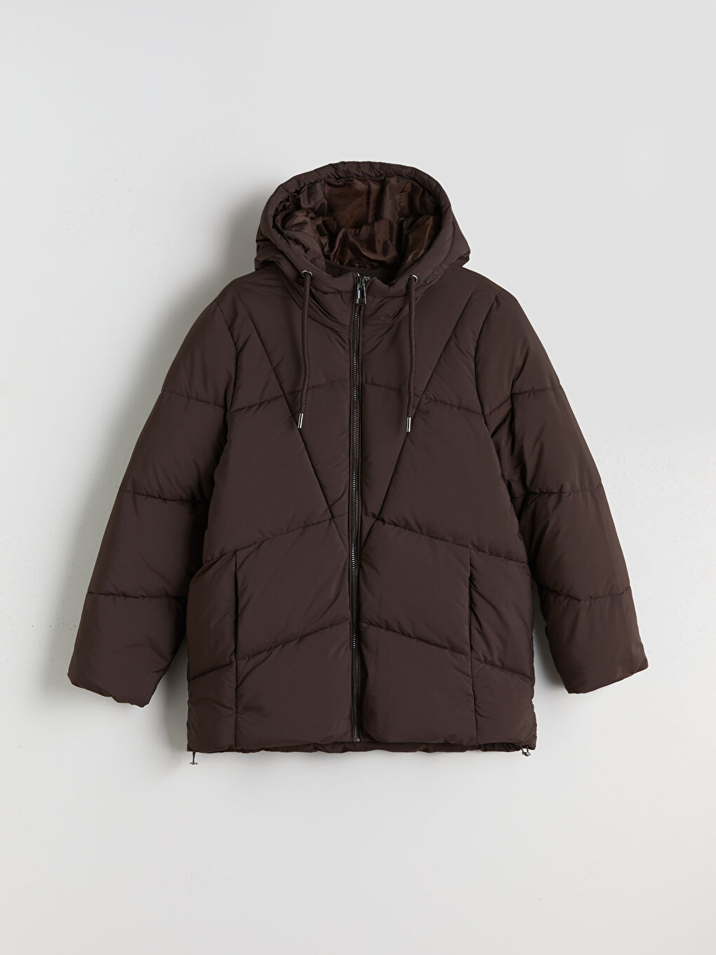 Kahverengi Kapüşonlu Oversize Kadın Şişme Mont-5