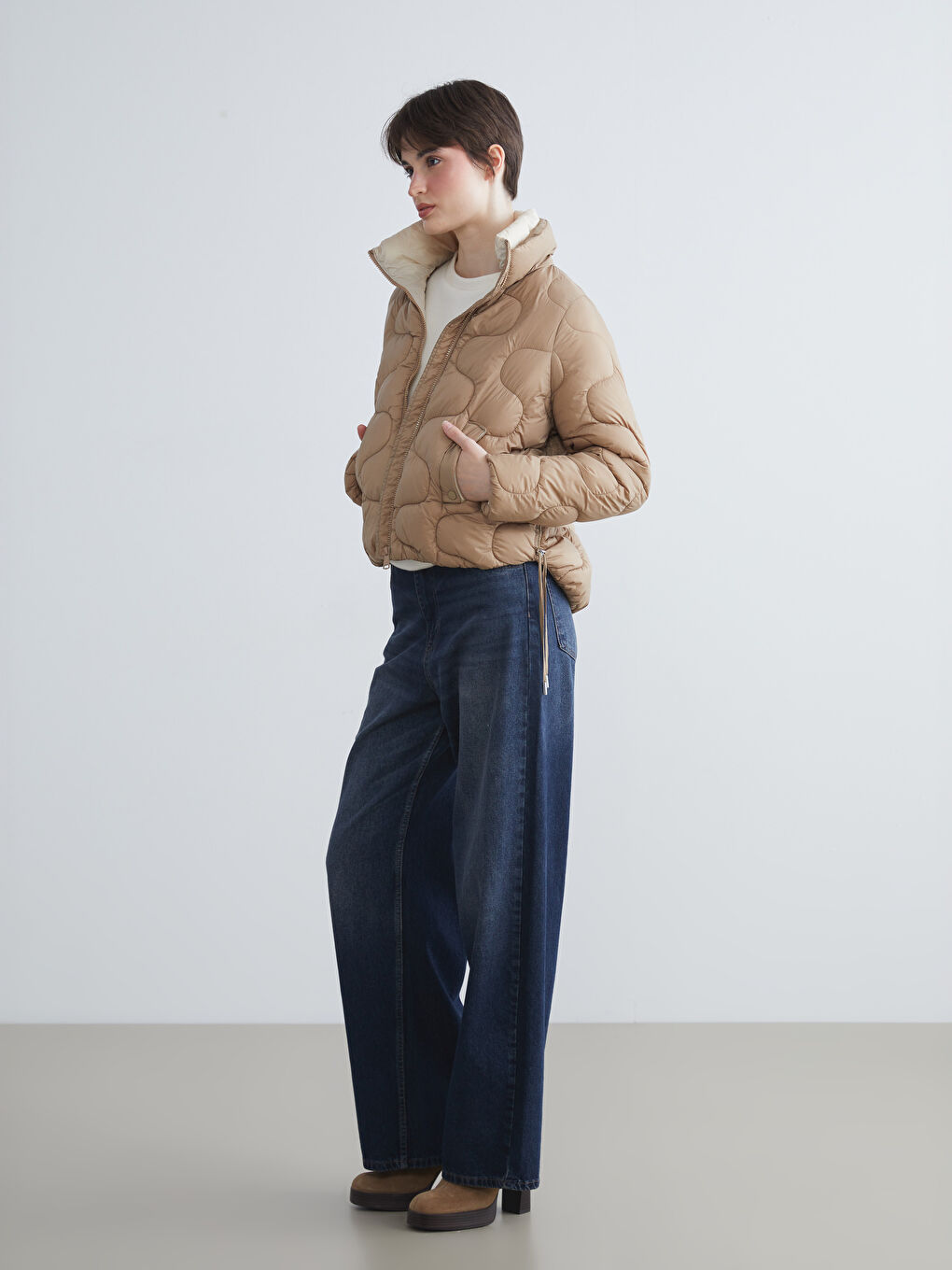 Funnel Neck Self-Patterned Women's Puffer Coat-1