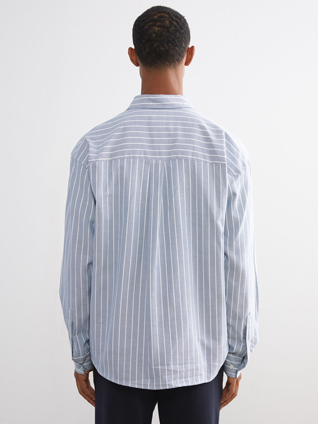 Mavi Rahat Kalıp Uzun Kollu Çizgili Erkek Gömlek-3