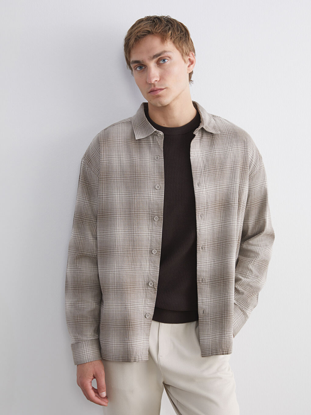 Bej Regular Fit Uzun Kollu Ekose Erkek Oduncu Gömlek-2