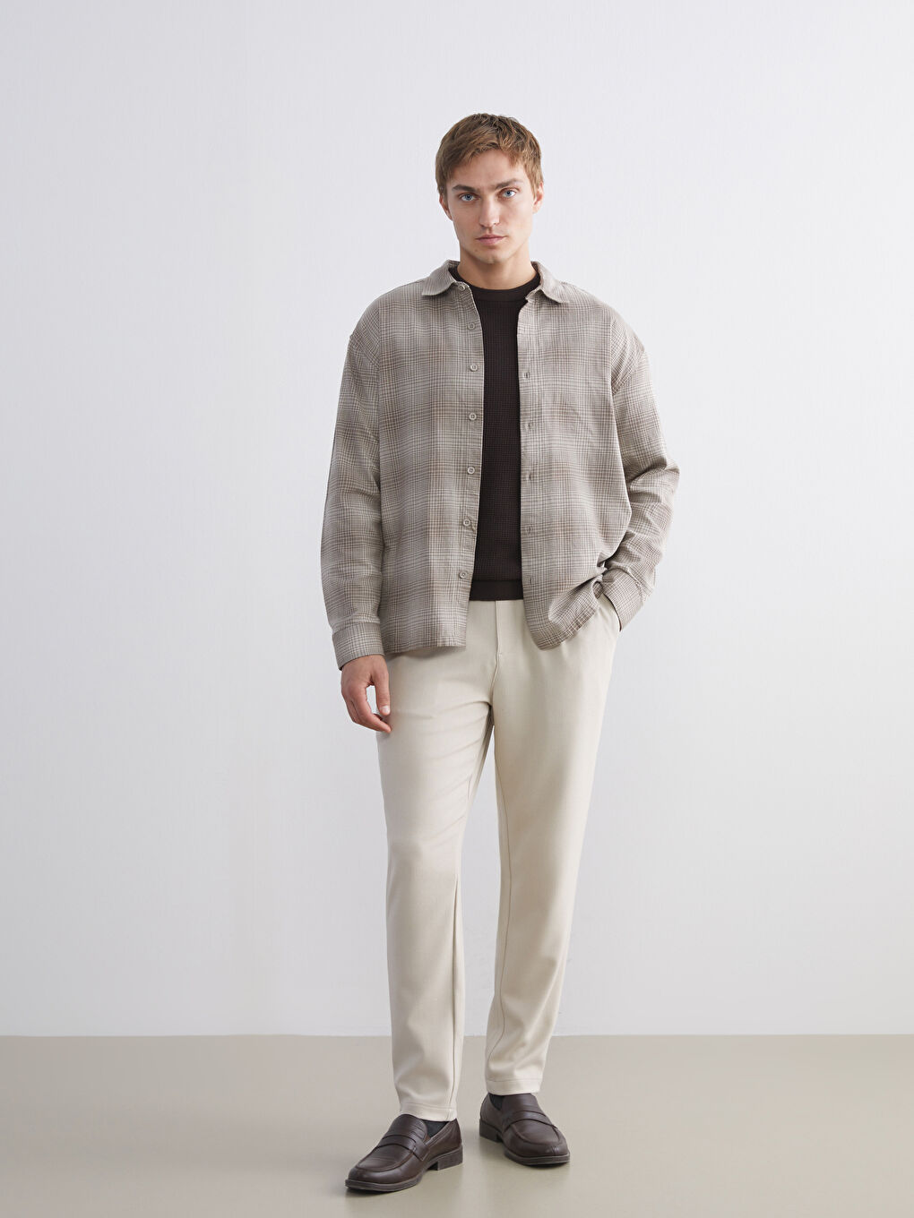 Bej Regular Fit Uzun Kollu Ekose Erkek Oduncu Gömlek-3