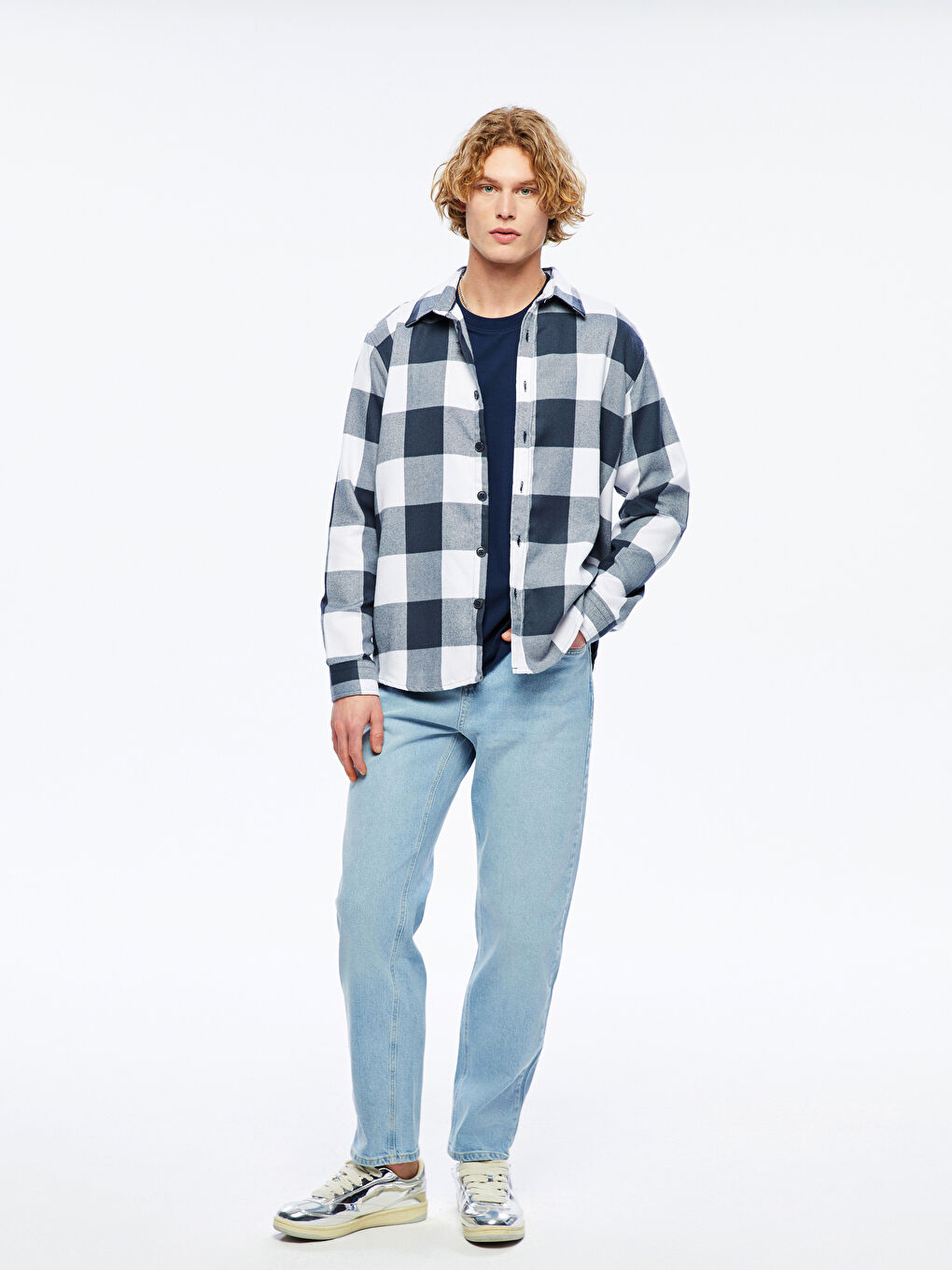 قميص فلانيل كاروهات كم طويل عادي للرجال-1