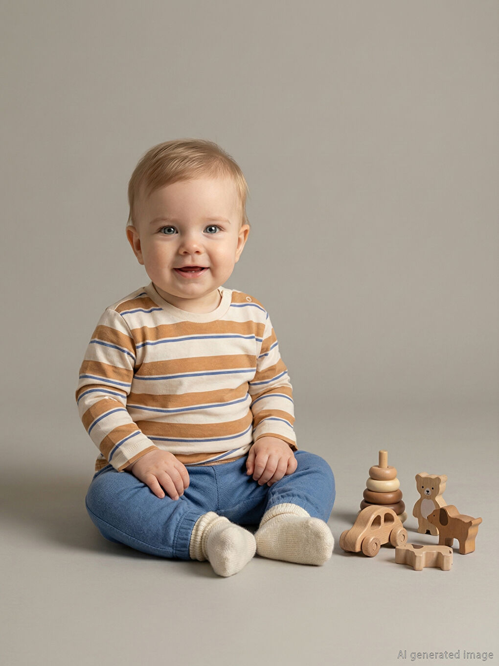 Bej Bisiklet Yaka Uzun Kollu Çizgili Erkek Bebek Tişört ve Eşofman Altı 2'li